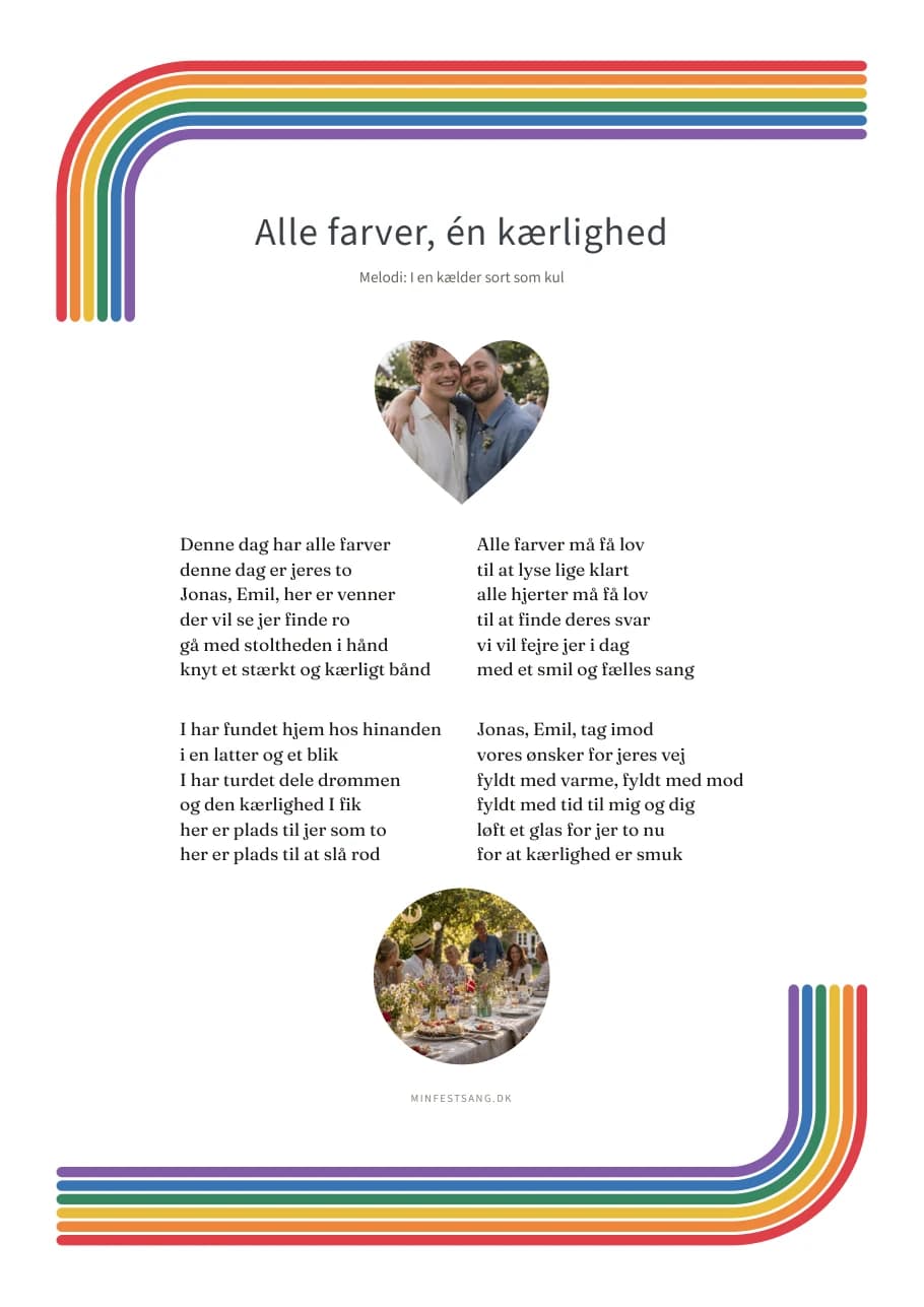 Regnbue – Alle farver, én kærlighed. 1 foto over teksten og 1 foto under teksten · Hjerteformet foto.