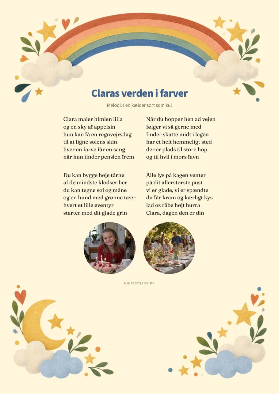Regnbuedrømme – Claras verden i farver. 2 fotos under teksten.